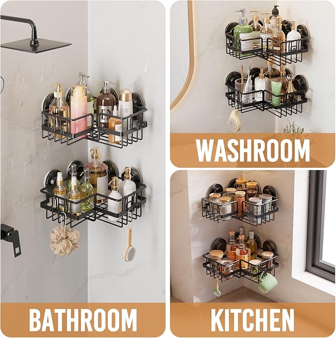LEVERLOC 2 Pack Corner-adaptive Suction Cup Shower Caddies, Drill-Free Wall Mounted Basket, Stainless Steel Rustproof Corner Shower Shelf, Large Capacity Removable Suction Bathroom Organizer, Black