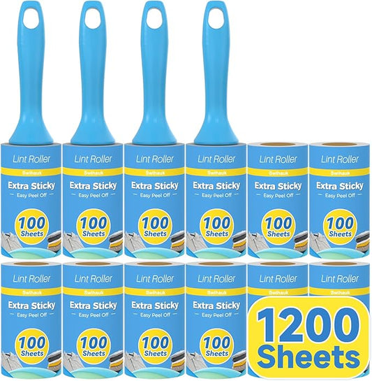 Swihauk 1200 Sheets Extra Sticky Lint Rollers for Pet Hair, Easy Spiral Tear Lint Roller for Clothes with Ergonomic Handle, Multipurpose Lint Remover for Furniture, Carpet, Car Seat