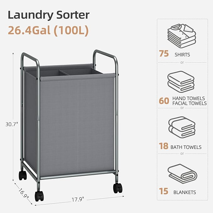 STORAGE MANIAC Rolling Laundry Hamper, 100L Laundry Basket with Lockable Wheels, Double Clothes Sorter Cart, 2 Bag Clothes Separator Hamper for Closet, Bathroom, Laundrys Room, 2 Section Gray