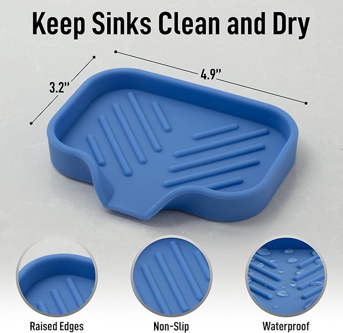 Zulay Kitchen Small Silicone Sponge Holder (4.9x3.3”) – Space-Saving Sink Organizer Tray for Sponge, Soap, Brush & More – Compact Non-Slip Dish for Kitchen & Bathroom (Provence Blue)