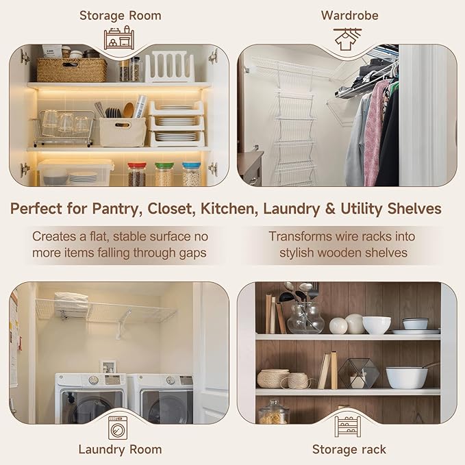 Wooden Wire Shelf Covers for Pantry & Closet – Wire Rack Covers for Shelves, Durable Wood Shelf Covers for Kitchen, Laundry Room, Storage Organization(White Oak,24in*12in)