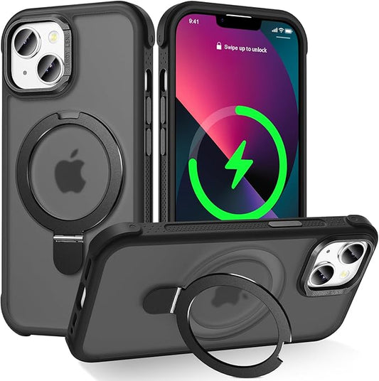 Designed for iPhone 13/14 Case with Magnetic Stand, [Military Drop Protection][Great Grip Feeling] Matte Translucent Back Slim Shockproof Phone Cover for iPhone 13/14 6.1", Black