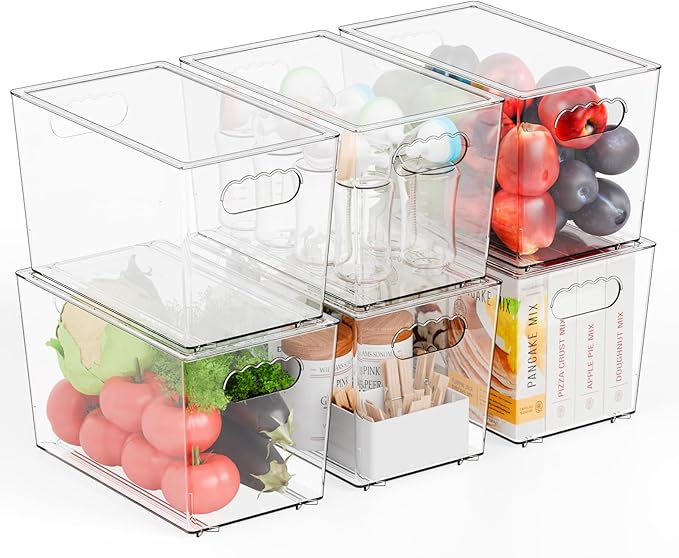 Yieach 6 Pack Clear Stackable Storage Bins with Lid & Handle-11.1″ Deep-Acrylic Container for Organizing Toy,Snacks,Fruit,Cleaning Supplies,Plastic Pantry Organizers and Storage Box for Fridge,Kitchen