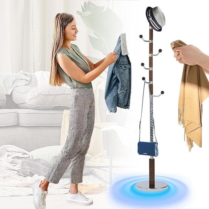 Wooden Coat Rack Stand, 72" Birch Coat Rack Freestanding, Adjustable Height, Coat Tree for Home Bedroom Office Hallway Entryway (Swivel hook brown)