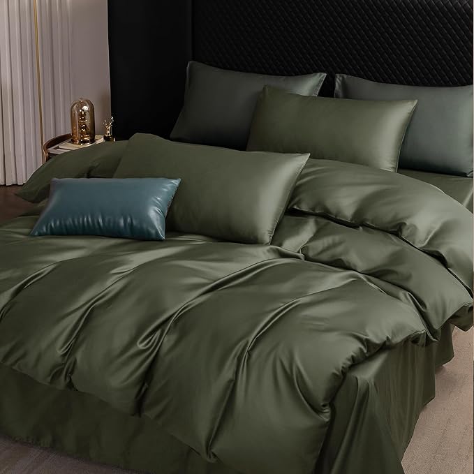 MooMee Duvet Cover Set 100% Extra Long Staple Cotton 600 Thread Count Silky Sateen Smooth Luxury Soft Breathable Durable Hotel Quality Bedding, 3 Pieces (Olive Green, King 104"x90")