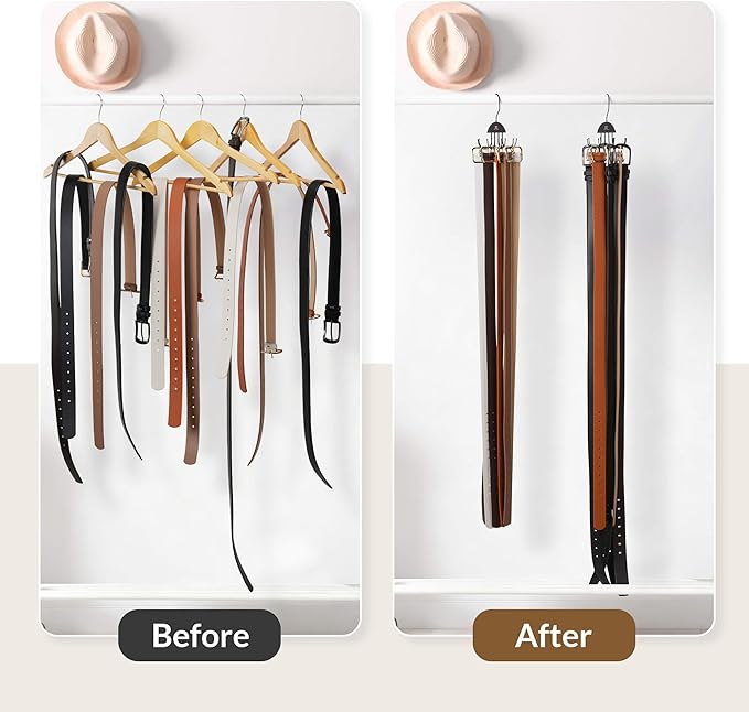 ZEDODIER 2 Pack Belt Hanger Rotatable Belt Organizer, Space Saving Belt Rack with 16 Adjustable Hooks for Closet Organizers and Storage, Sturdy Belt Holder Storage, Black