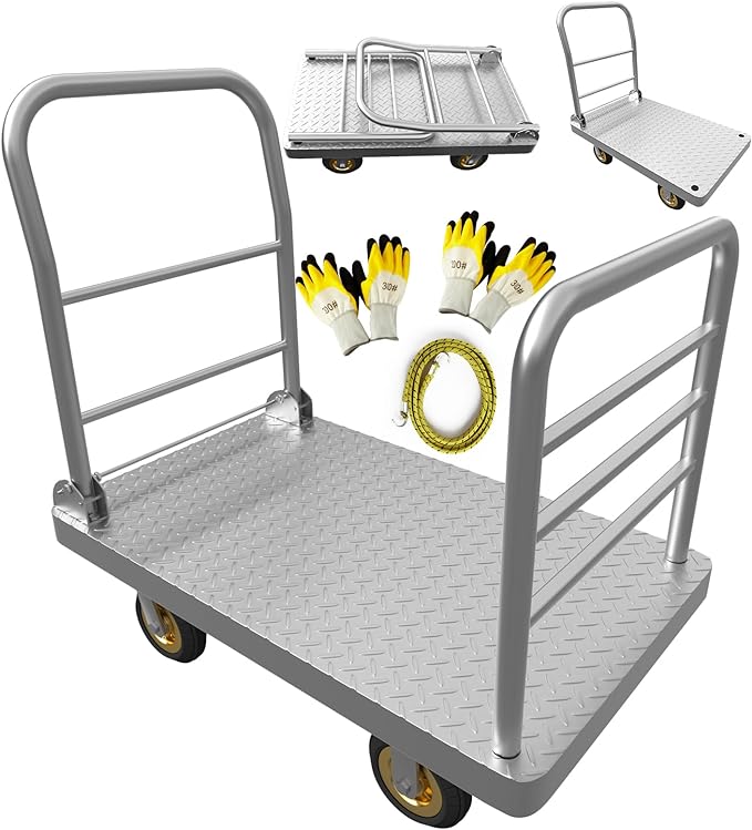 2IN1 48"×24" Platform Truck Cart 2650lbs Heavy Duty Flatbed Cart Dolly w/Detachable Rear Guardrail and Swivel Casters, Push Cart, Work Gloves 2Pairs & 1 Bunge Cord Included
