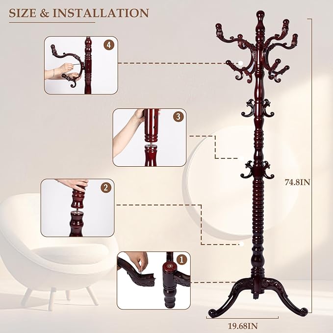 Wood Coat Rack Freestanding, Natural Coats Tree Stand with 14 Hooks, 73" Sturdy and Easy Assembly Coat Rack Stand for Entryway, Hallway, Bedroom, Bags, Hats (Tri-legged Base, Rosewood)