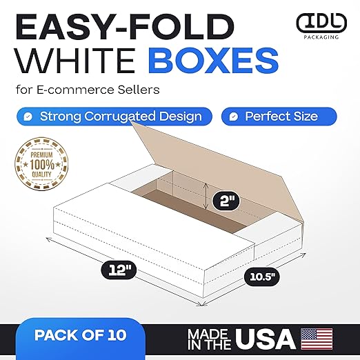 White Mailing Boxes 12"x10.5"x2", Pack of 10, USA-Made - Strong, Easy to Fold Cardboard Boxes for Secure Storage, Shipping and Moving - Water-Resistant and Snug Fit Cardboard Mailers by IDL Packaging