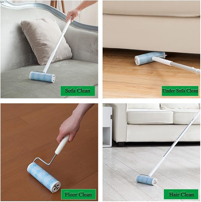 UNIKON 802 Lint Roller Sticky Roller Pet Hair Roller, Long Handle Sticky Mop With 4-Foot Extendable Handle 30 Sheets Roller