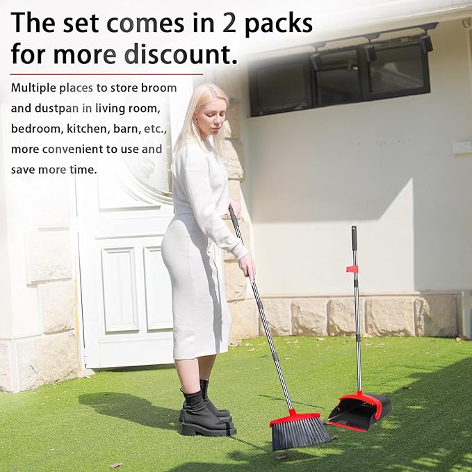 2-Pack is More economical，Brooms with Dustpan Combo Set， with 52" Long Handle, Dustpan Teeth with self-Cleaning Function, Indoor and Outdoor Sweeping, Perfect for Home Office