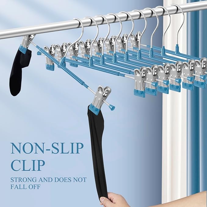 Pants Hangers with Clips 20 Pack Adjustable Skirt Hangers for Women Non-Slip Trousers Hanger for Jeans Clothes Hangers for Pants Heavy Duty Space Saving Shorts Hangers,Blue,12Inch