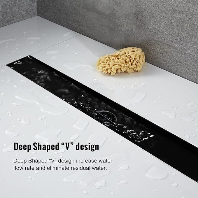 Linear Shower Drain, 18 inch Black Drain with Tile Insert 2-in-1 Panel, Brushed 304 Stainless Steel Shower Floor Drain, Linear Drain with Hair Strainer and Adjustable Feet