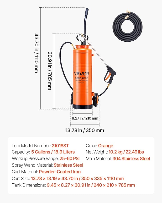 VEVOR Industrial Concrete Sprayer with Wheeled Cart, 5 Gallon Stainless Steel Sprayer, Heavy Duty Tri-Poxy Pump Sprayers, 20.5''Wand, 48" & 120" Hoses, 2 Brass Nozzles for Construction, Lawn & Garden