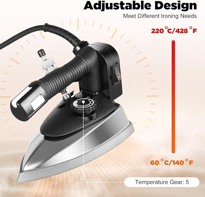 1200W Industrial Steam Iron with Dry & Steam Function – 5-Temp Settings, 0.79Gal Water Tank, Anti-Scald Plate for Garment Factories, Clothing Shops, Dry Cleaners and Hotels