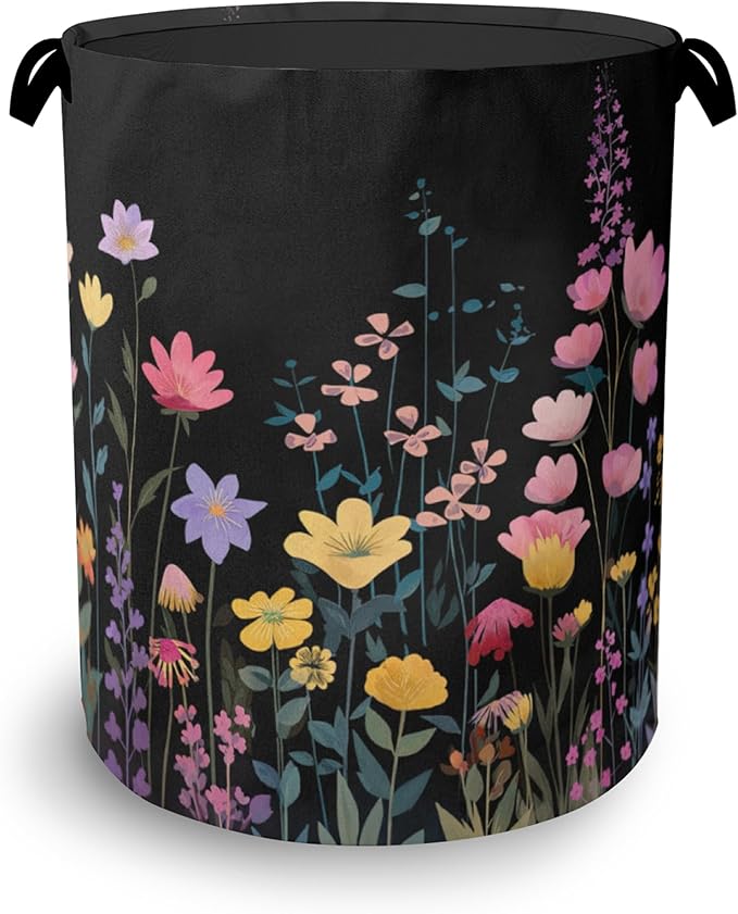 Vintage Wildflowers Laundry Basket,Garden Herb Oxford Cloth Laundry Hamper with Handle Foldable Portable Clothes Storage Basket for Bathroom Bedroom Dorm Room 16" x 20.8"