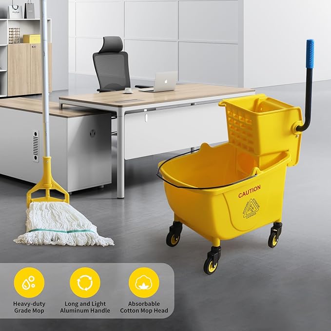 Side Press Wringer Combo Commercial Floor Cleaning Rectangular Mop Bucket on Wheels, 35-Qt, Yellow,Add One Mop and One Mop Head Replacement