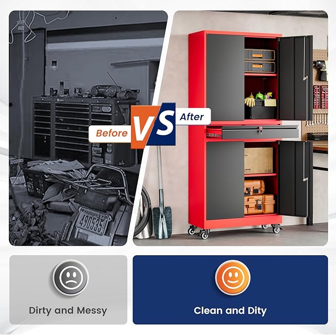 Yizosh Metal Garage Storage Cabinet with Locking Doors and Adjustable Shelves,- 73" Rolling Tool Storage Cabinet with 4 Wheels and 1 Drawer for Garage,Warehouse (Red Black)