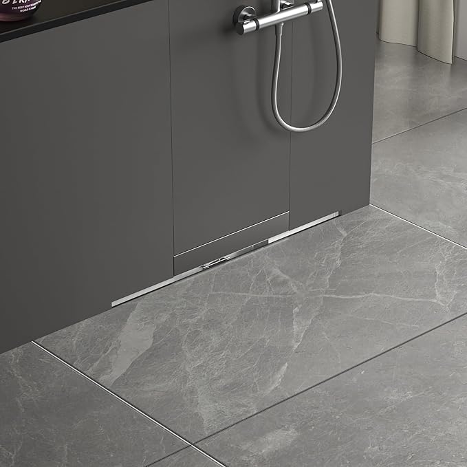 Linear Wall Drain 24’’, 304 Stainless Steel Side Drain w/Tiled Grate & Hair Strainer, Brushed Tiled Shower Drain for Bathroom, CUPC Certified