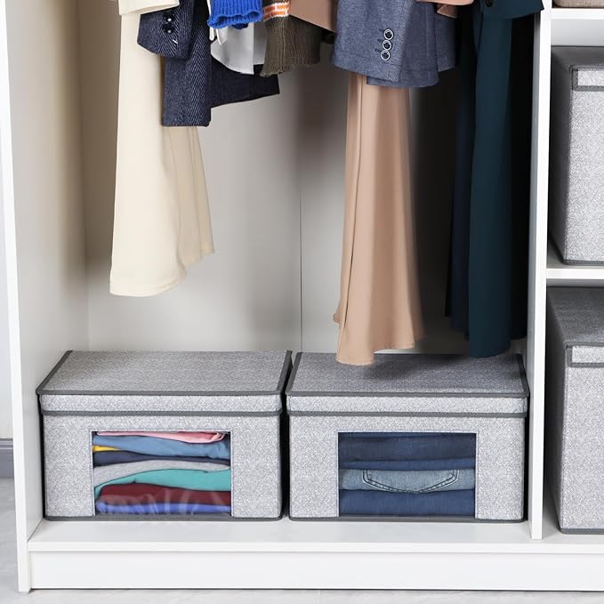 Univivi Fabric Foldable Storage Bins with Lids Collapsible Storage Boxes Bins Organization Baskets for Home, Closet, Playroom, 14''x10''x8.3'' (Gray, 4-Pack)