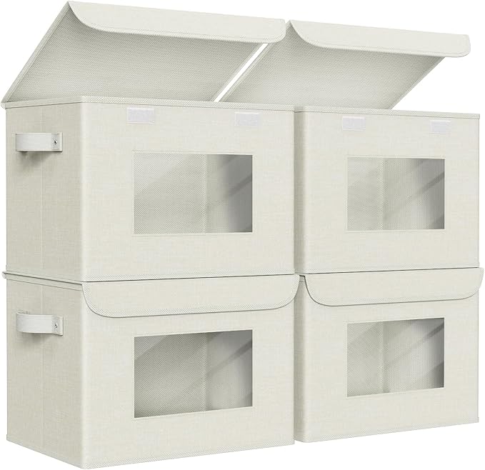 Univivi Fabric Foldable Storage Boxes with Lids [4-Pack] Collapsible Storage Bins for Clothes Closet Organizers with Handles Storage Cube Basket for Home, Office, Bedroom (Beige, 17"" x 12"" x 12"")