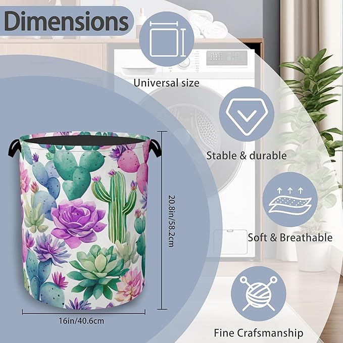 Cactus Succulents Laundry Basket,Foldable Oxford Cloth Tote Bag Laundry Hamper Clothes Storage Bucket Organizer for Bedroom Laundry Storage Dormitories 16" x 20.8"
