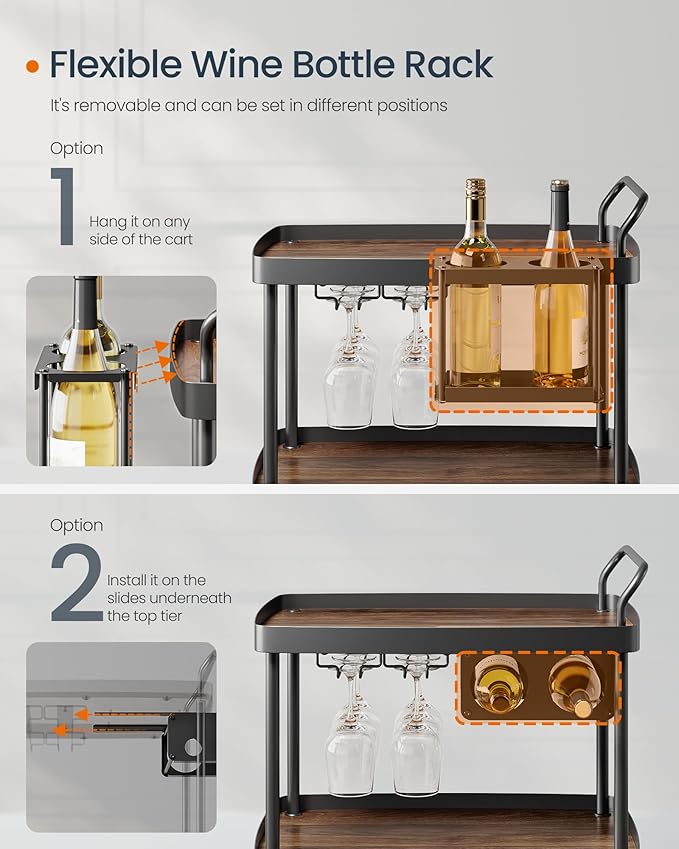 SONGMICS HOME Bar Cart, Home Bar Serving Cart with 3-Tier Shelf, Flexible Wine Bottle Rack and Glass Holder, Drink Beverage Cart, Microwave Cart, Kitchen, Natural Walnut and Ink Black ULRC291B01