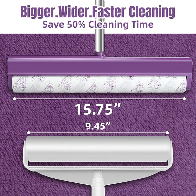 Large Lint Rollers for Carpet, Sticky Rollers for Floor RLOW 15.75 in with 3 Extra Sticky,Long Handle Sticky Mop for Cleaning Carpets, Pet Hair, Cars, Clothing