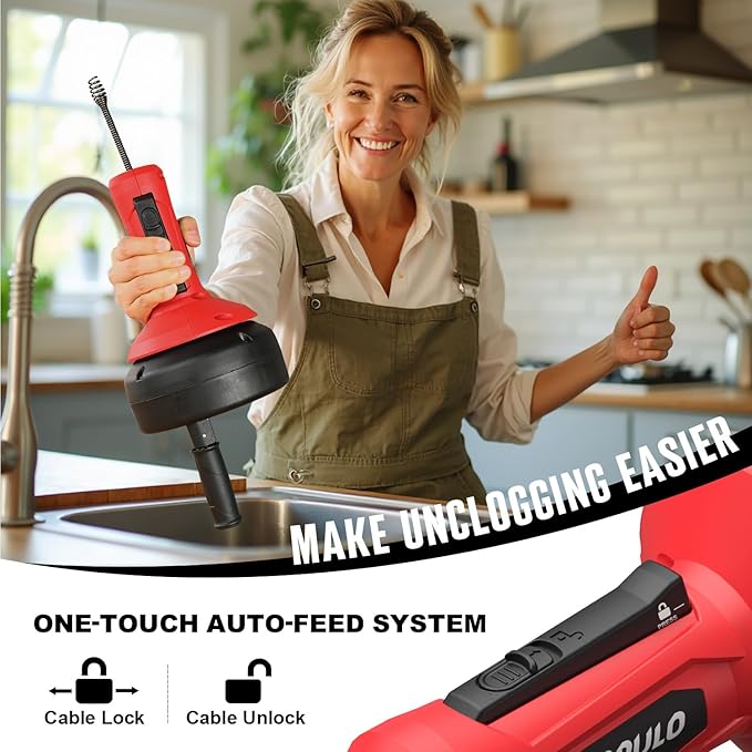 POPULO Drain Auger, Auto Feed Plumbing Snake Clog Remover for Unclog Sink Drain 3/4"-2" Pipe, 16 Ft Snake Hair Drain Clog Remover Cleaner Tools Manually or Powered for Shower, Bathtub, Kitchen, Sink