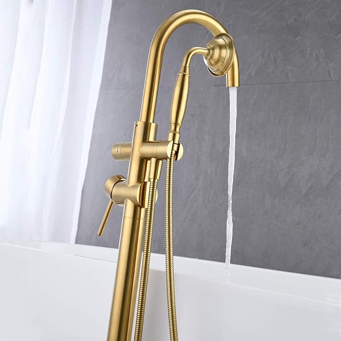 Tub Filler Freestanding Bathtub Faucet Brushed Gold Floor Mounted Brass Bathroom Tub Faucets with Hand Shower