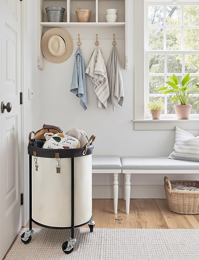 StorageWorks 110L Rolling Laundry Basket, Clothes Hamper with Wheels, Round Clothing Cart with Steel Frame and Removable Bag, 4 Casters and 2 Brakes, Beige, 1-Pack