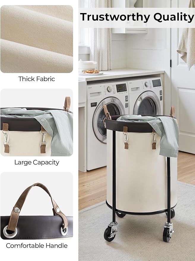 StorageWorks 110L Rolling Laundry Basket, Clothes Hamper with Wheels, Round Clothing Cart with Steel Frame and Removable Bag, 4 Casters and 2 Brakes, Beige, 1-Pack