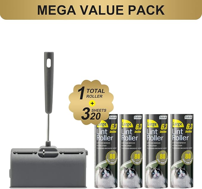 Fedicelly Lint Rollers Pet Hair Extra Sticky Furniture,Cat Dog Hair Remover Laundry Clothes Carpet, 6.3 inches Wider with 320 Sheets Large Lint Remover Brush for Couch