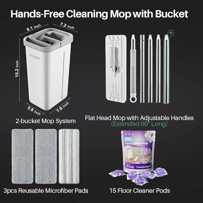 JOYMOOP Mop and Bucket with Wringer Set and Floor Cleaner Pods, Flat Floor Mop with 3 Reusable Microfiber Pads, Wet and Dry Use, Freesia Scent Pack of 15 Pacs for Floor Cleaning