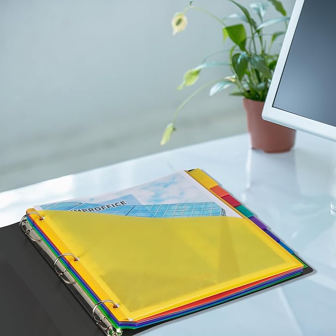 16 Pack Plastic 8-Tab Dividers with 2 Pockets and Insertable Tabs, 3 Ring Binder Dividers for Letter Size, Assorted Colors