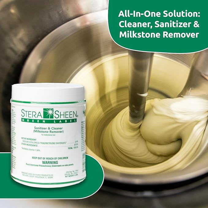 Stera Sheen Green Label Sanitizer + Cleaner + Milkstone Remover | Cleaner and Sanitizer for Soft Serve + Shake Machines + Ice Maker and Ice Machines | By Purdy Products, 100 count, 2 Ounce Sachets