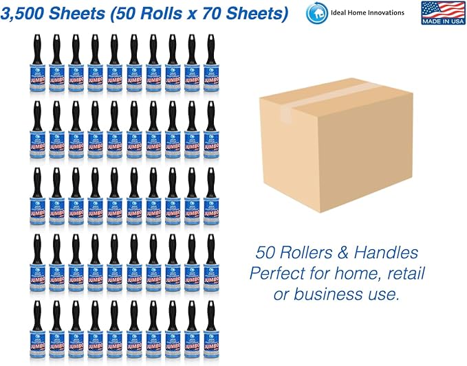 Jumbo Lint Rollers - Extra Sticky Pet Hair Remover for Clothes, Carpet, Furniture & Car - Dog/Cat Hair Lint Remover - 50 Rolls, 3500 Sheets - Easy Peel, Made in USA