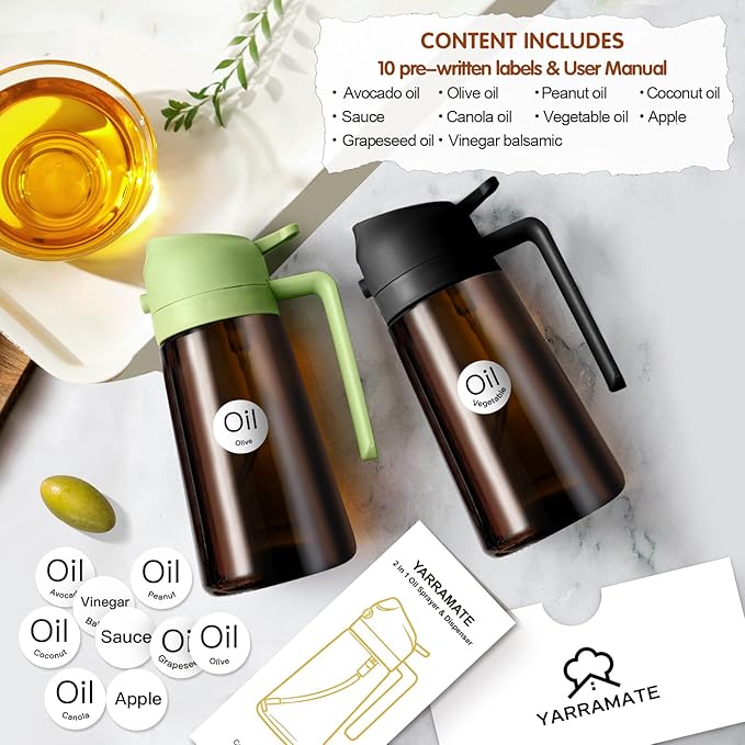 YARRAMATE 2PCS 16oz/470ml Oil Sprayer for Cooking with Stickers, Food-Grade 2 in 1 Olive Oil Dispenser Bottle for Kitchen, Premium Dark AmberGlass Oil Bottle for Air Fryer, BBQ (Black & White)