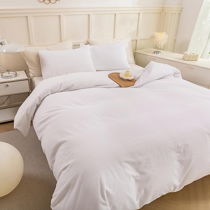 ECOCOTT White Duvet Cover King Size - 100% Washed Cotton Durable Soft Comfy Duvet Cover Set, Lightweight and Breathable with Zipper Closure & Corner Ties (White, 104''x90'')