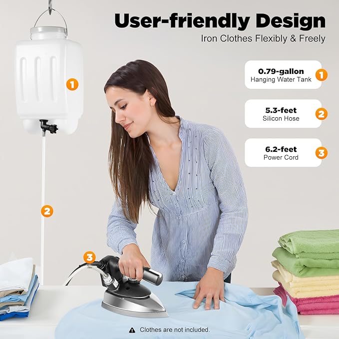 1200W Industrial Steam Iron with Dry & Steam Function – 5-Temp Settings, 0.79Gal Water Tank, Anti-Scald Plate for Garment Factories, Clothing Shops, Dry Cleaners and Hotels