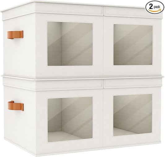 Univivi Large Storage Boxes with Lids, Collapsible Foldable Storage Bins for Clothes, [2-Pack] Fabric Storage Cubes with Handles, Closet Organizers for Home, Bedroom (Beige, 24” x 17” x 12")