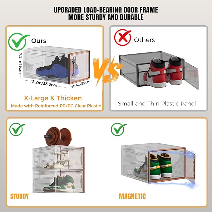 X-Large Stackable Shoe Boxes - Clear Plastic Shoe Storage Boxes with Magnetic Door, Thicken Shoe Organizer for Closet, Space Saving Foldable Shoe Containers Bins for Sneaker Boot - 8 Pack(Brown)