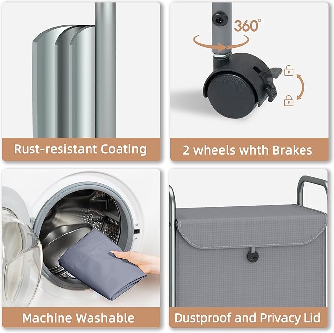 STORAGE MANIAC Rolling Laundry Hamper, Laundry Basket with Lockable Wheels, Clothes Sorter Cart, Small Clothes Separator Hamper for Closet, Bathroom, Laundrys Room, 1 Section Gray