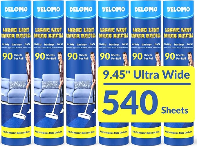 DELOMO Large Lint Roller Refills (6 Pack, 540 Sheets) – Compatible Only with DELOMO 9.45 in Floor Lint Roller – Extra Sticky Floor Lint Roller Refill for Carpets, Cars, Clothing & Pet Hair