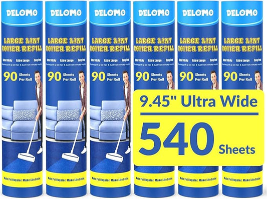 Lint Roller Refills (6 Pack, 540 Sheets) – DELOMO 9.45 in Large Lint Roller Refill, Compatible Only with DELOMO Floor Lint Roller, for Cleaning Carpets, Cars, Clothing & Pet Hair