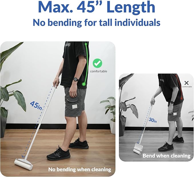 Large Lint Rollers for Carpet, Sticky Rollers for Floor DELOMO 9.45 in with 3 Extendable Handle, Long Handle Sticky Mop for Cleaning Carpets, Cars, Clothing, and Pet Hair