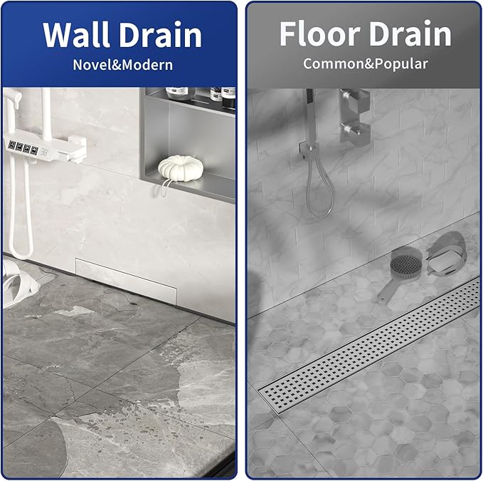 Linear Wall Drain 42’’, 304 Stainless Steel Side Drain w/Tiled Grate & Hair Strainer, Brushed Tiled Shower Drain for Bathroom, CUPC Certified