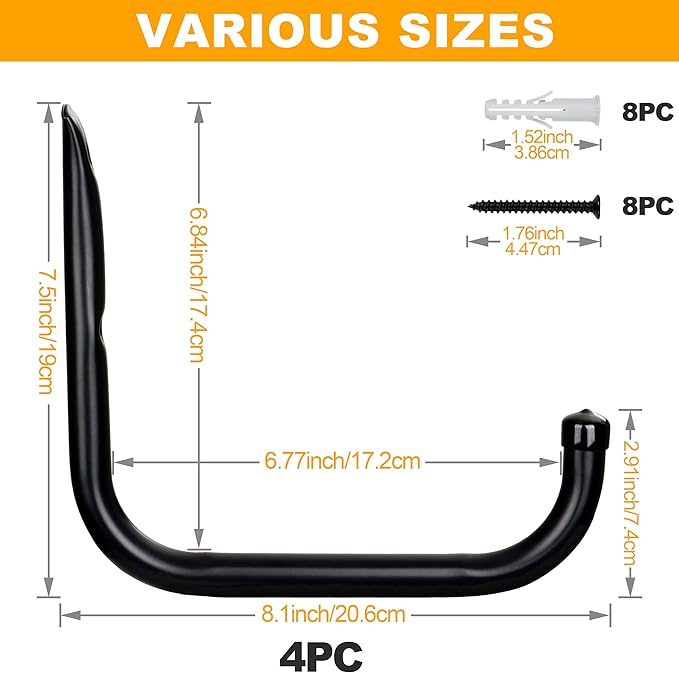 KURUI Wall Hooks for Garage Garden, 4 Pack Water Hose Holder, Large Garage Storage Hanger for Ladder Bike Extension Cord Tool, Wall Mount l Hooks, Black Heavy Duty 8 inch Long Hook