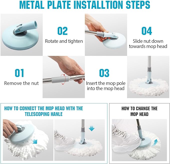 Spin Mop and Bucket with Wringer Set, 360° Spinning Mop Bucket System with 3 Microfiber Mop Replacement Heads and 50" Stainless Steel Adjustable Handle for Floor Cleaning (15QT)