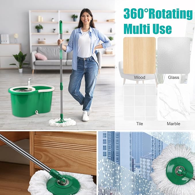 Spin Mop and Bucket with Wringer Set, 360° Spinning Mop Bucket System with 3 Microfiber Mop Replacement Heads and 61" Stainless Steel Adjustable Handle for Floor Cleaning (20QT)